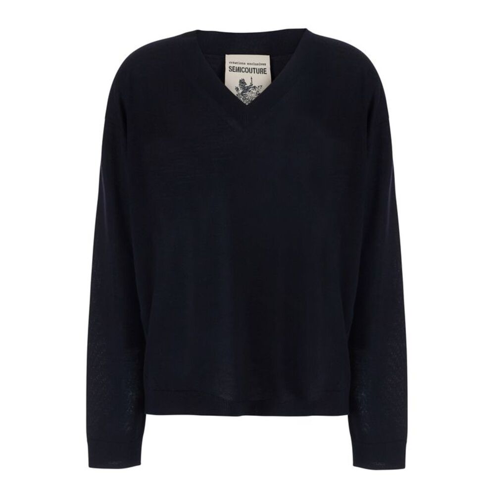 Semicouture Women 'Jade' Blue Sweater With V-Neck In Virgin Wool For Women
